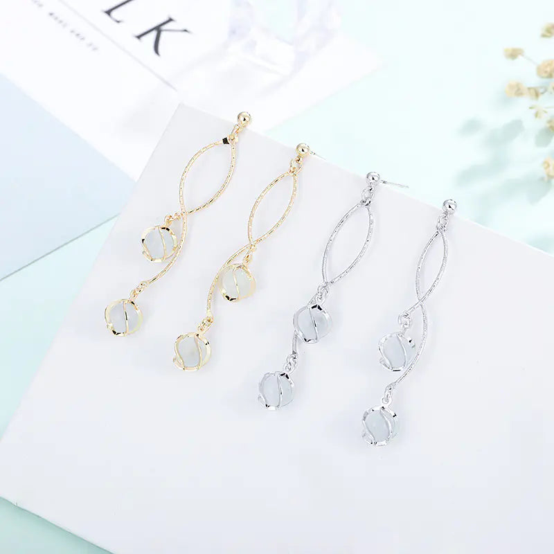 Stylish Cat Eye Stone Earrings - Chic Long Drop Design