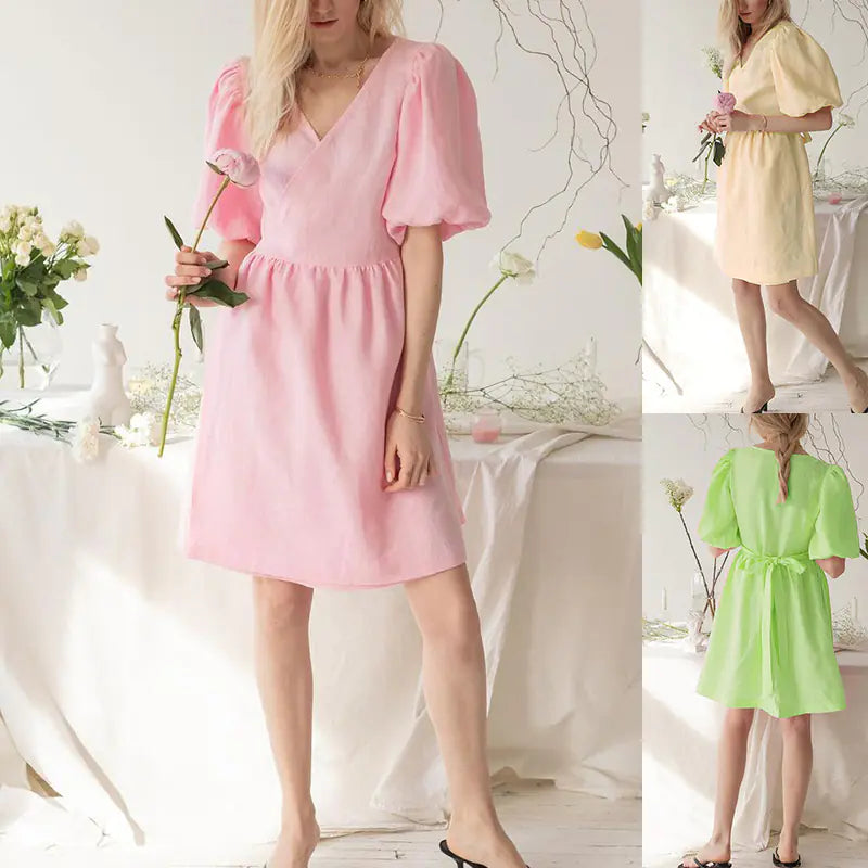 Women's V-neck Loose Dress with Half Sleeves