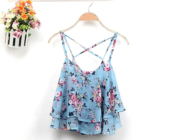 Vintage Floral Cami Top, Sleeveless Off-Shoulder Tank