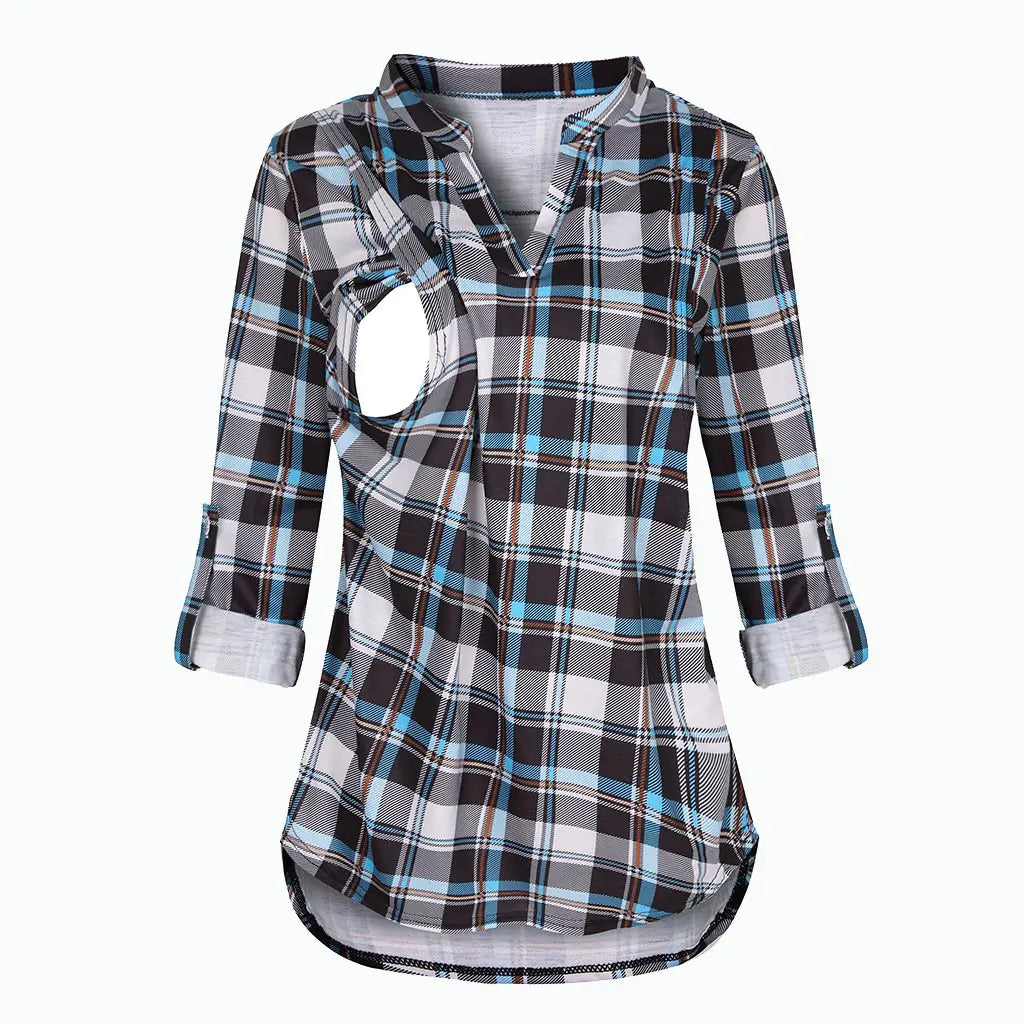 Plaid Print Long Sleeve Nursing Top for Mothers