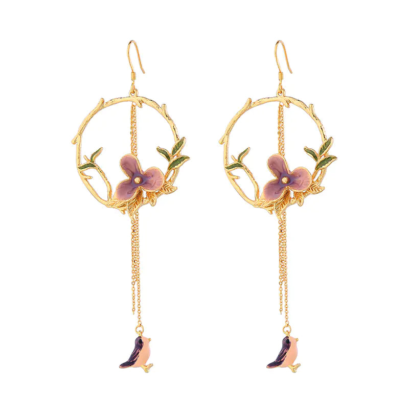 Vintage Flower and Bird Long Dangle Earrings for Women