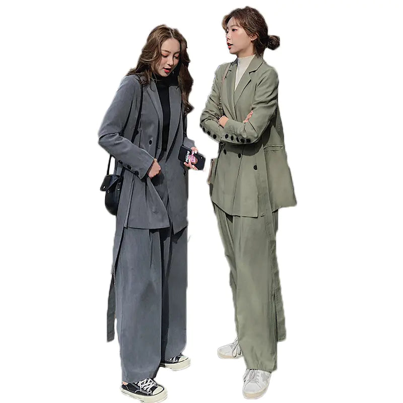 Women's Suit Set with Wide-Leg Pants and Sash