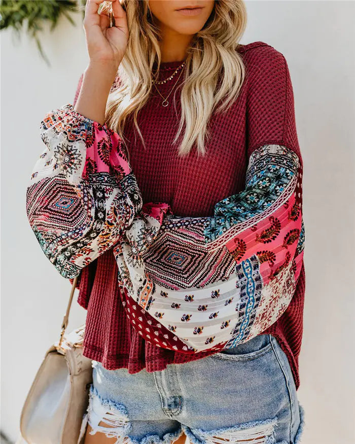 Bohemian Print Long Sleeve Knit Top with Flare Sleeves
