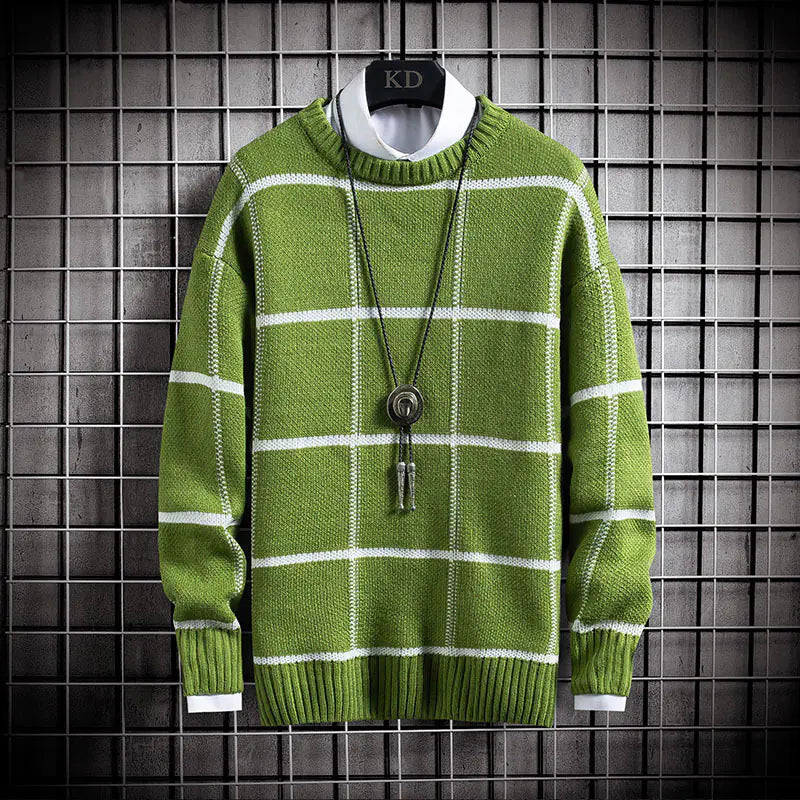 Men's Thick Knit Sweater - Casual Long Sleeve Plaid