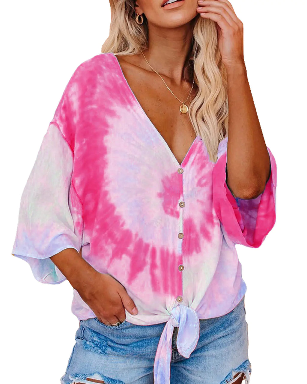 Tie-Dye Print Batwing Sleeve T-Shirt for Women
