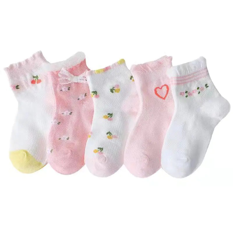 5PCS Kids' Lace Bow Cotton Summer Socks for Ages 3-12