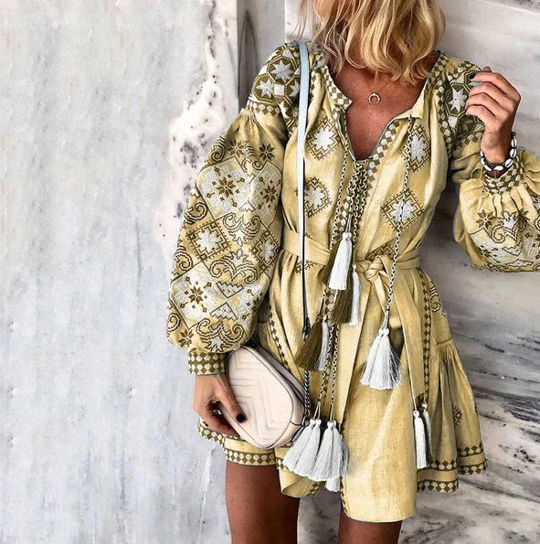 Colorful Print V-Neck Long Sleeve Tassel Dress