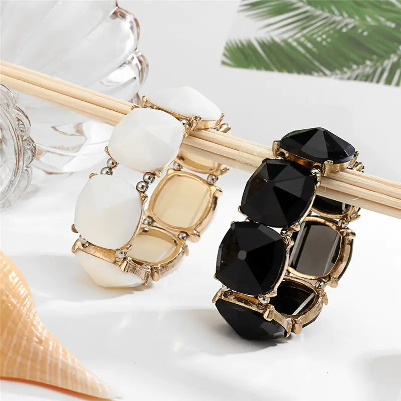 Vintage Cut Black Gem Wide Bracelet with Large Stone