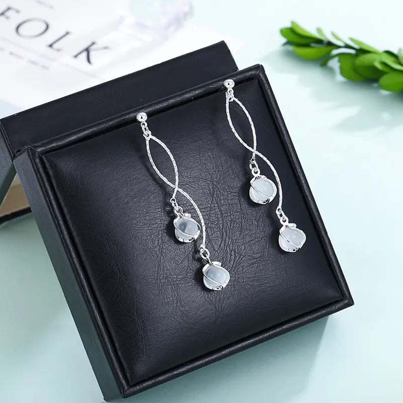 Stylish Cat Eye Stone Earrings - Chic Long Drop Design