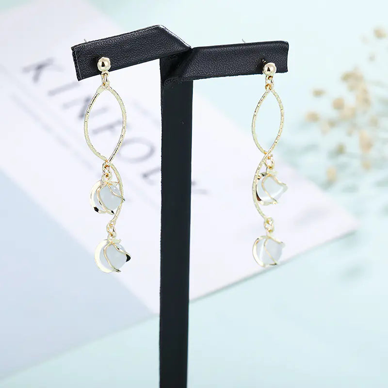 Stylish Cat Eye Stone Earrings - Chic Long Drop Design