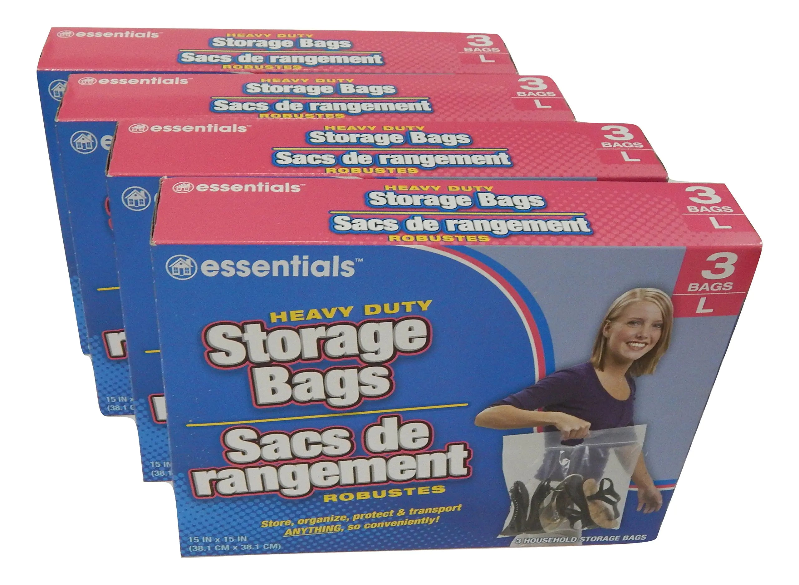 essentials(TM) Heavy Duty Clear Plastic Storage Bags w/Zip-Lock & Carry Handle 3-Count Large (Pack of 4)