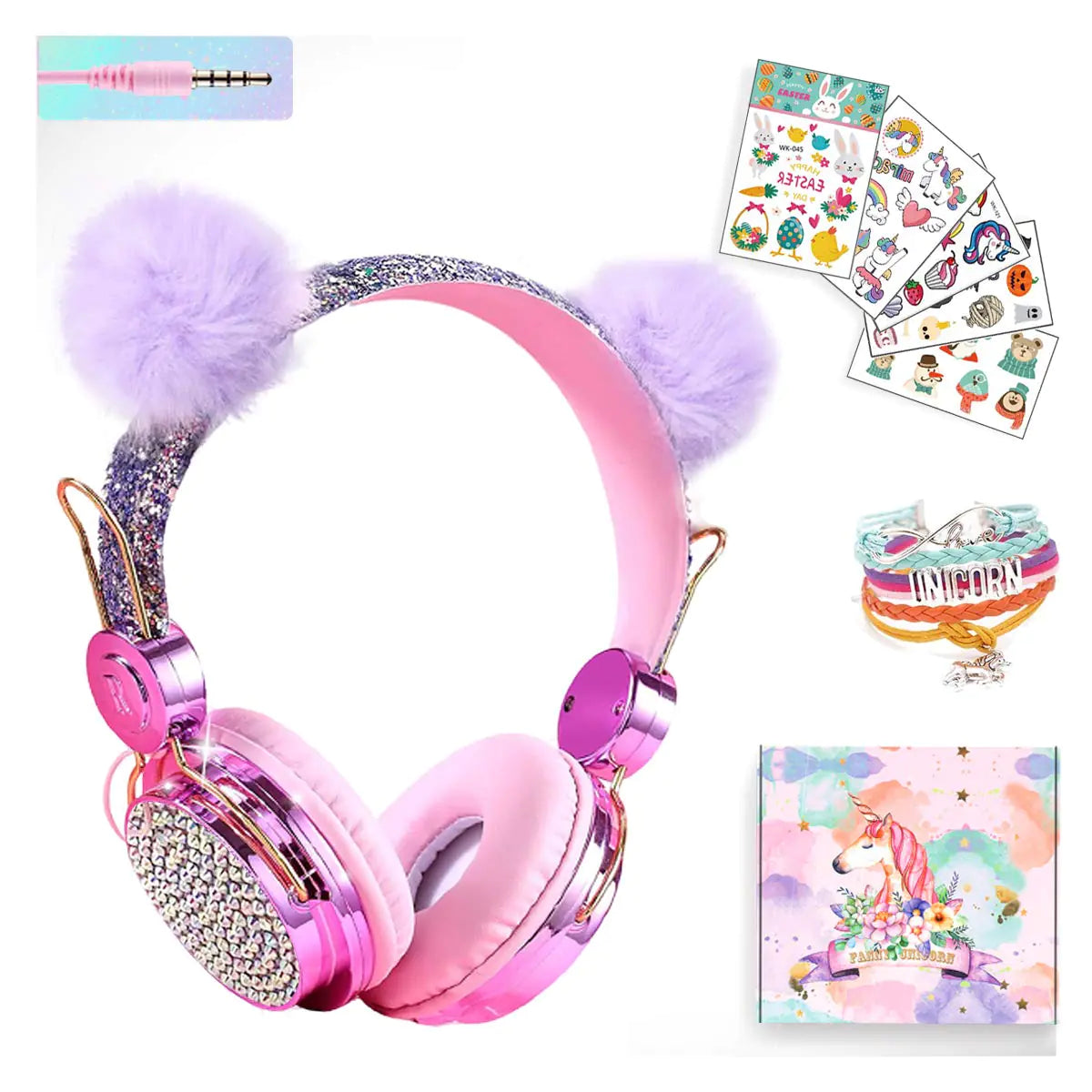 Girls Purple Pompon Wired HeadphonesCute Cat Ear Kids Game Headset for Teens Tablet Laptop PCOver Ear Children Headset withMicfor School Birthday Xmas Gifts