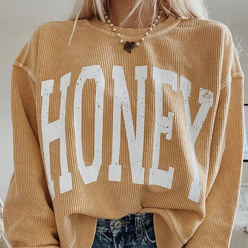 Loose Long-Sleeved Blouse with Printed Yellow Letters