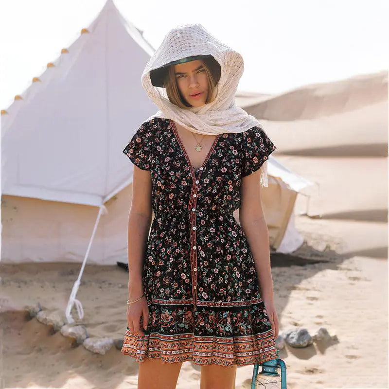 New Spring Summer Bohemian Print V-Neck Dress