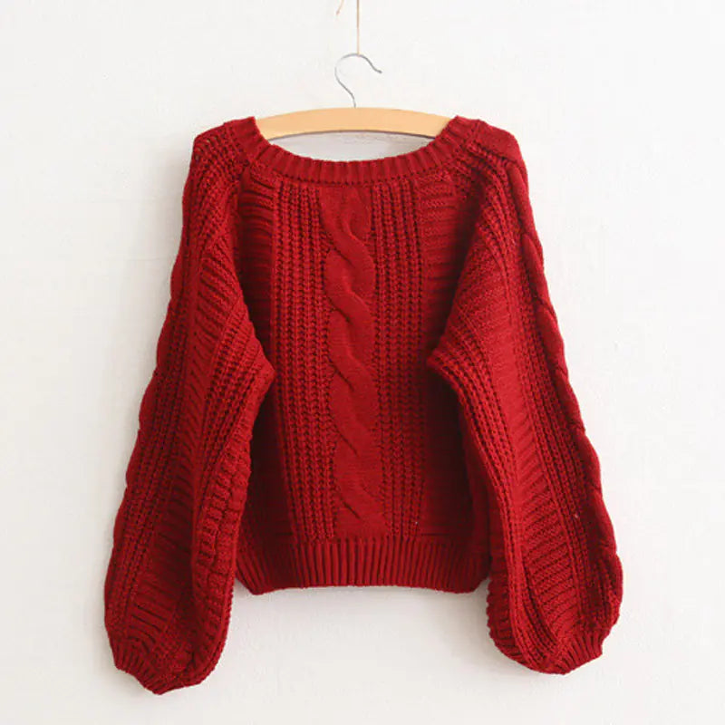 Short Lantern Sleeve Sweater with Round Neck