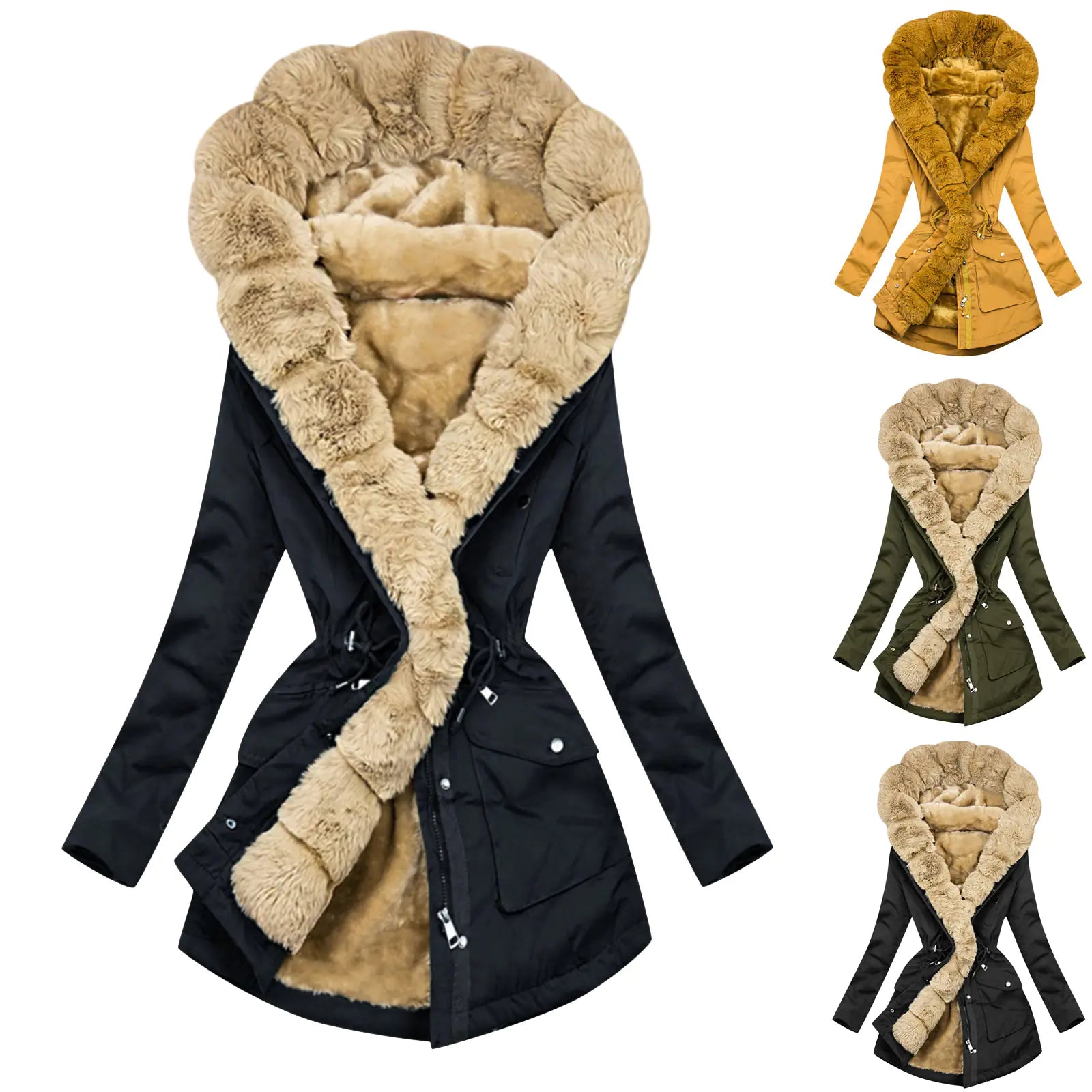 Women's Warm Hooded Coat with Fur Collar