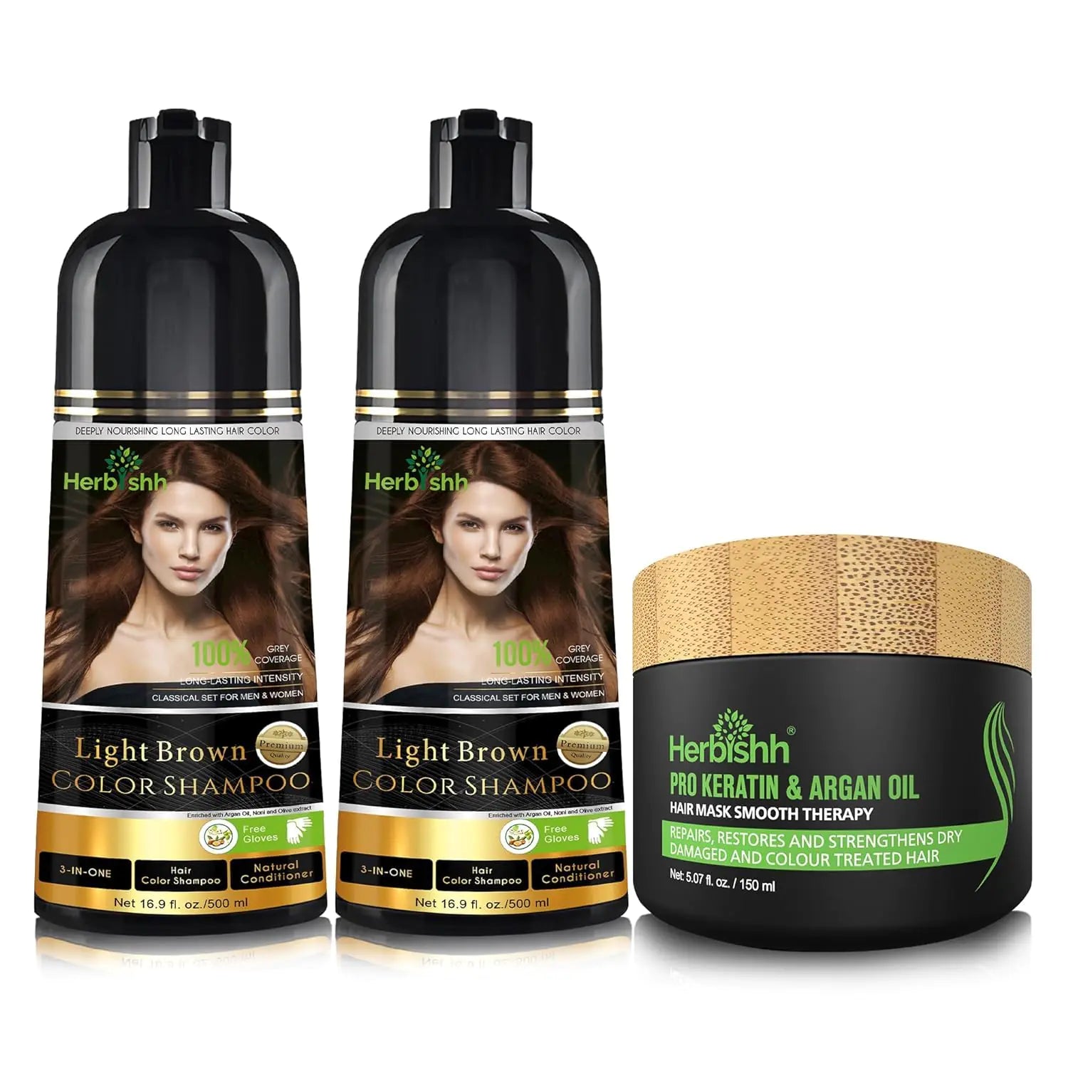 Combo Pack - Herbishh Shampoo for Gray Hair + Argan Intense Hair Mask - Long-lasting Dye Shampoo Colors in Minutes - 500 Ml - Stimulates Dry Frizzy Hair (Light Brown)