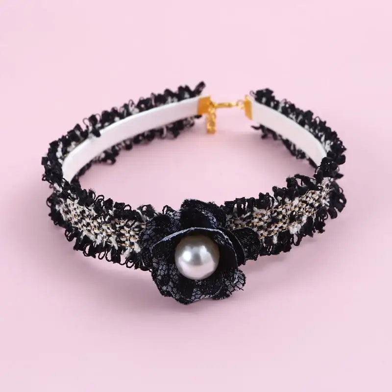 Adjustable Hand-Woven Cat Collar with Pearl Flower