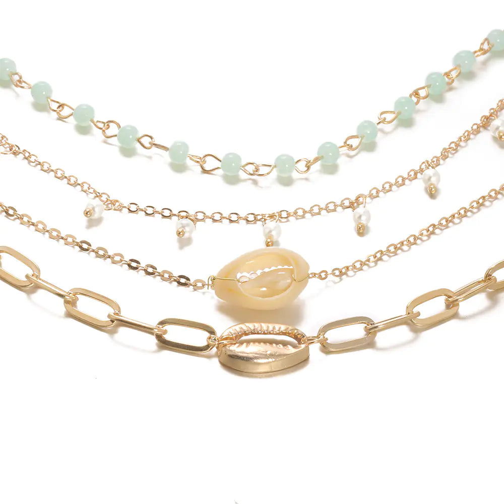 Gold Shell Statement Chain Bracelet with Beads (4 Pieces)