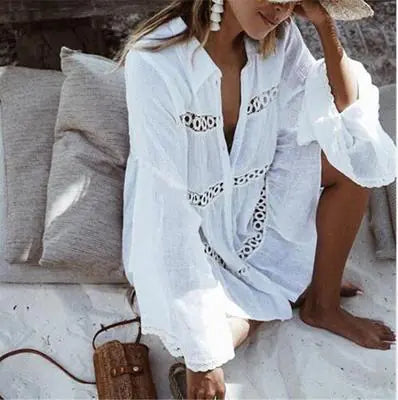 Lace Cutout Vacation Style Shirt and Beach Dress