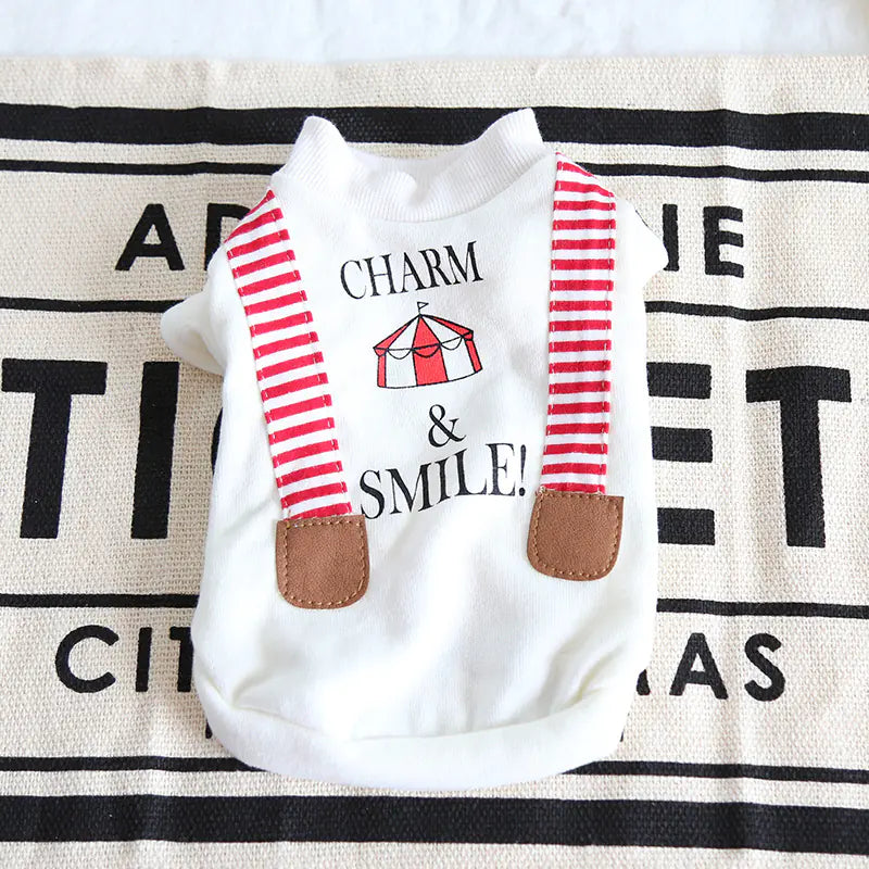 Striped Sweater for Dogs with Fake Suspenders Design