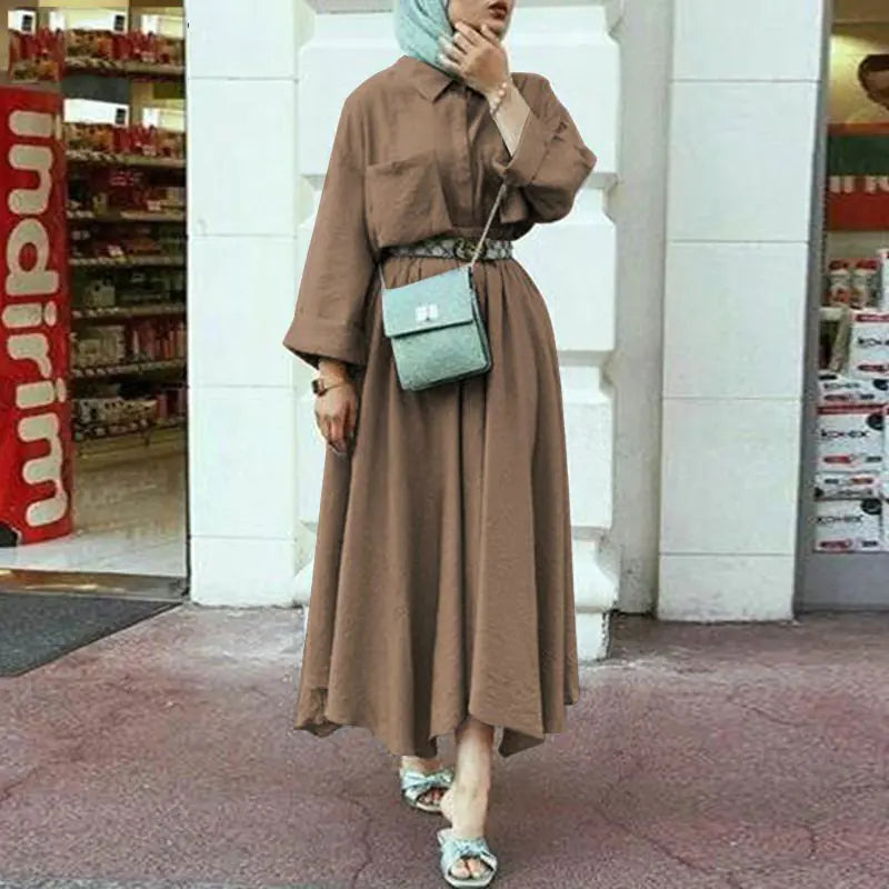 Stylish Waist-Defined Long Sleeve Dress with Flare Skirt