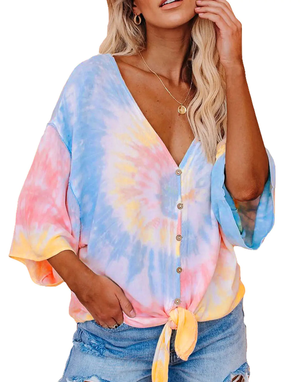 Tie-Dye Print Batwing Sleeve T-Shirt for Women