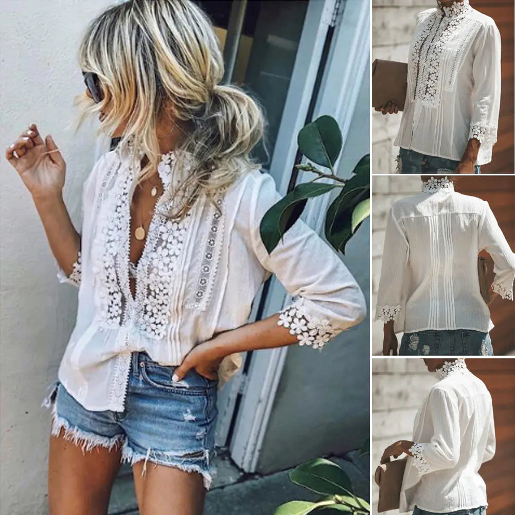 Fashionable Lace Trim Short Sleeve T-Shirt Blouse