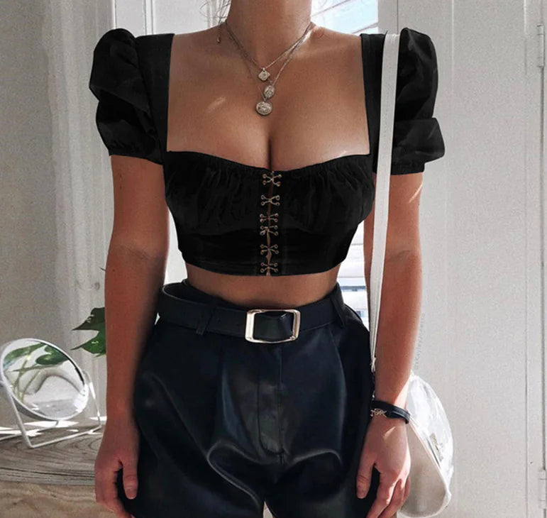 Puff Sleeve Square Neck Cropped Top
