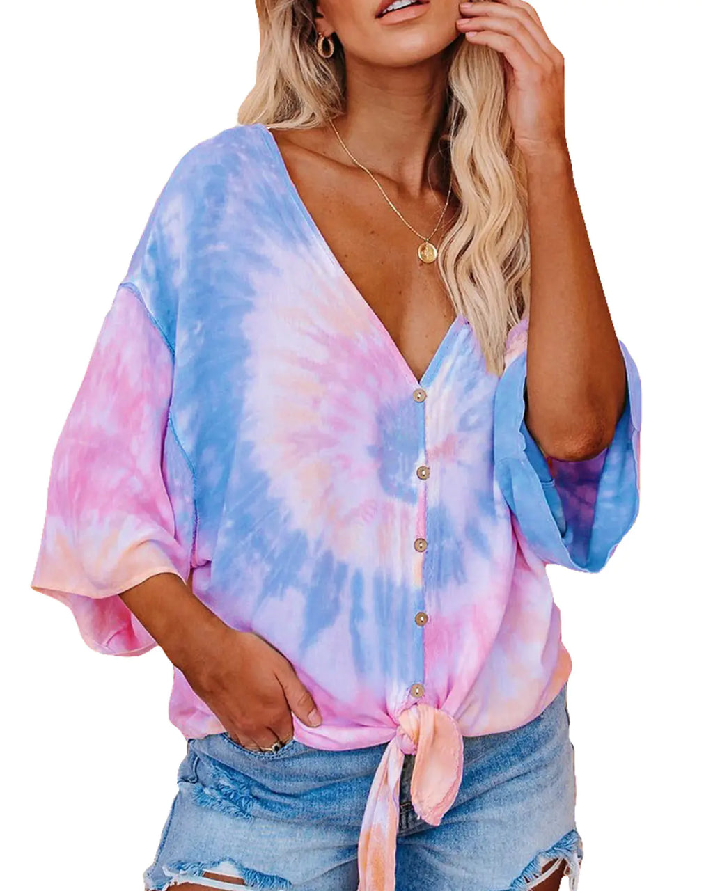 Tie-Dye Print Batwing Sleeve T-Shirt for Women