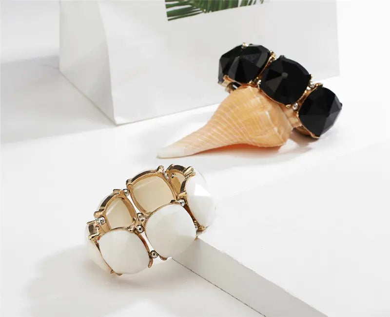 Vintage Cut Black Gem Wide Bracelet with Large Stone