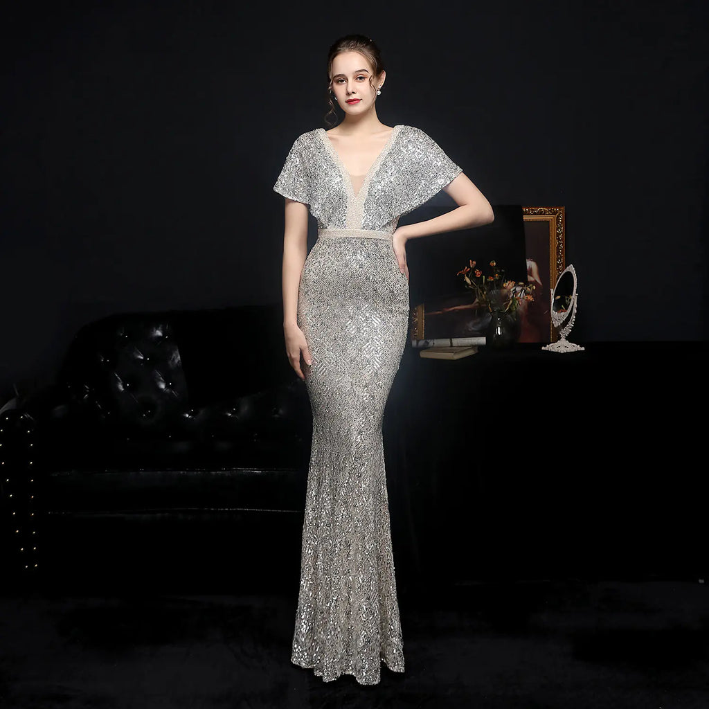 Elegant V-neck Sequin Fishtail Dress for Women
