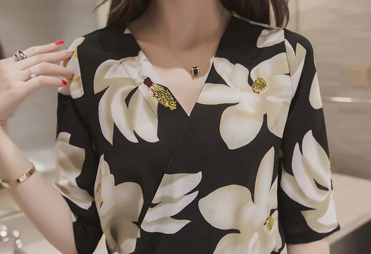 Floral Print V-Neck Short Sleeve Jumpsuit