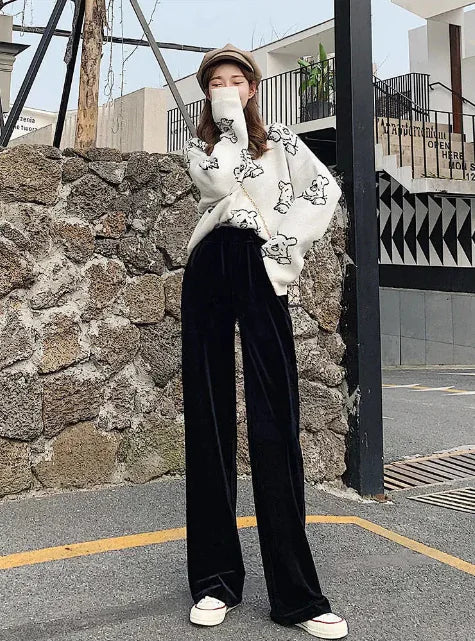 High-Waisted Velvet Wide-Leg Pants for Women