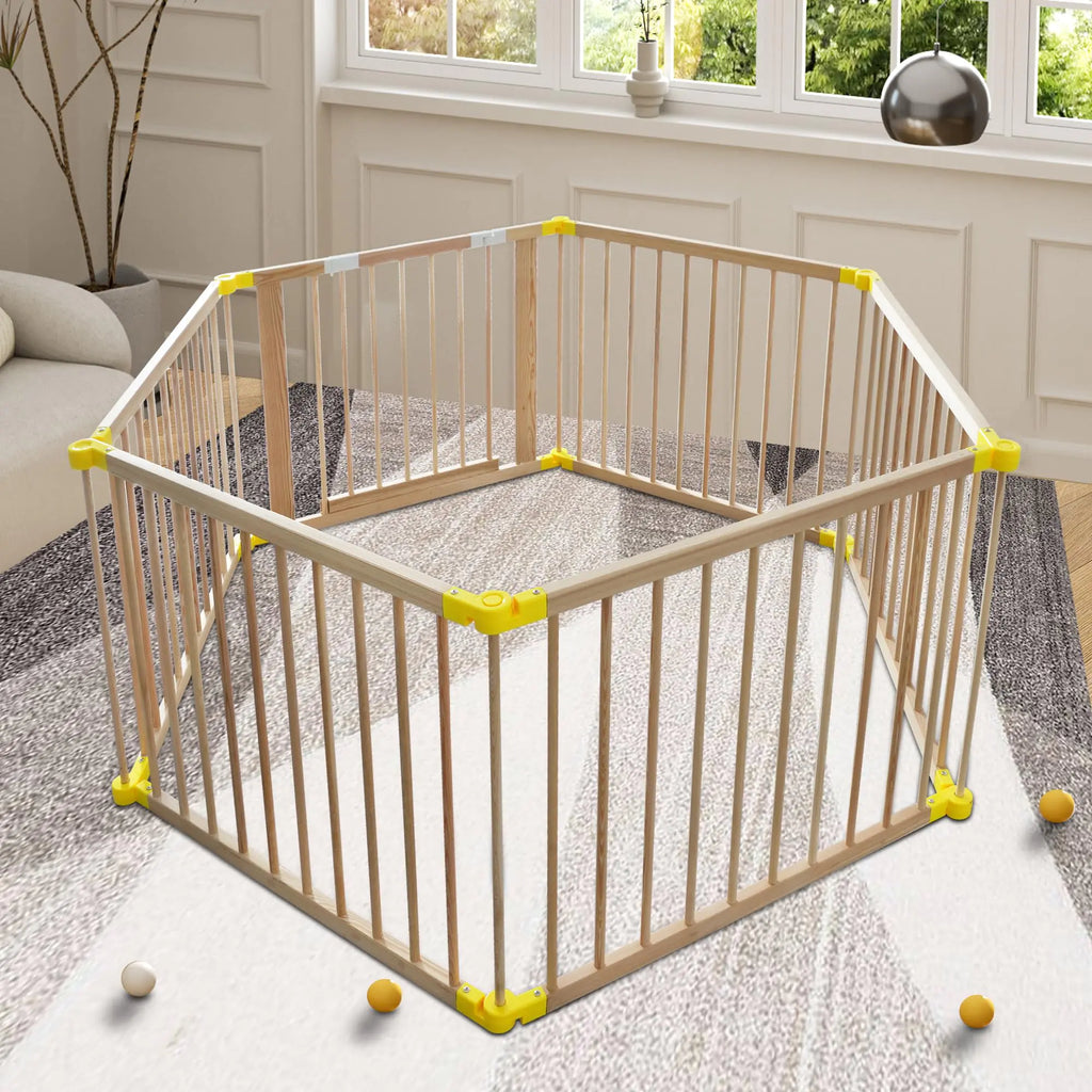 Large Natural Wooden Baby Playpen with Gate & Anti-Slip Bases - Portable Fence & Play Area for Babies and Toddlers 6 Panels Adjustable Shape Height 27.6