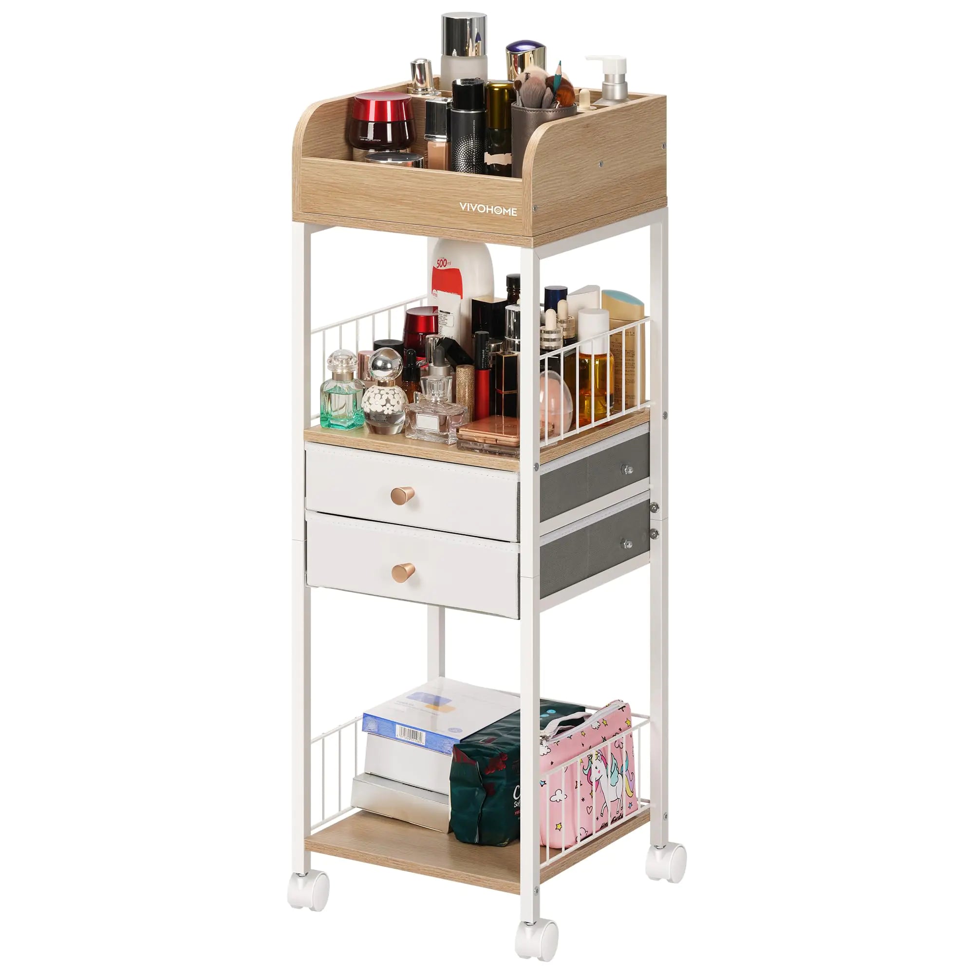 Makeup Organizer with Drawers Cosmetics Display Cases 2 Shelves Floor Skincare Organizer Cart Vanity Organizer Holder for Perfumes Nail Polish Hair Tools Gift for Mom Wood Color