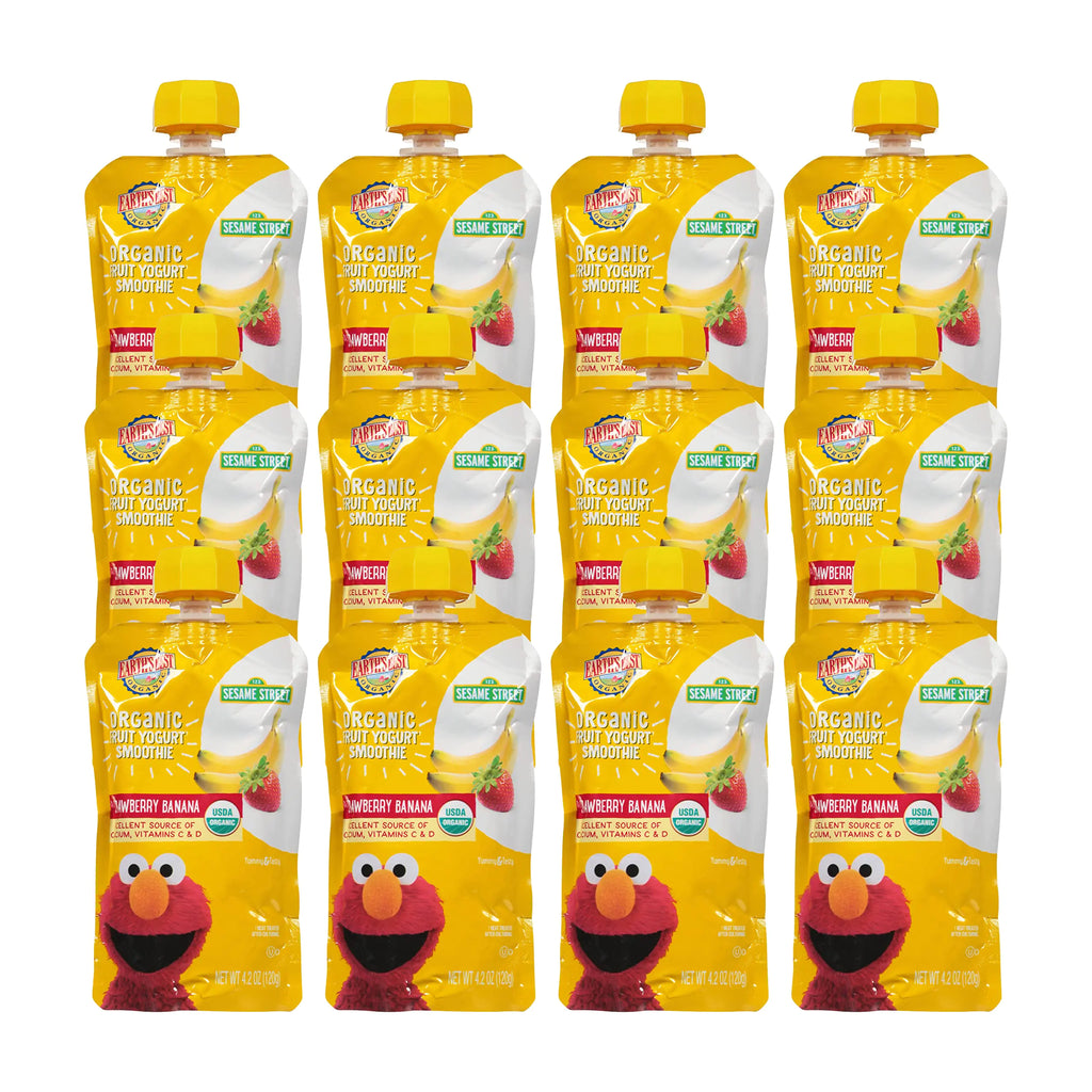 Earths Best Organic Kids Snacks Sesame Street Toddler Snacks Organic Fruit Yogurt Smoothie for Toddlers 2 Years and Older Strawberry Banana 4.2 oz Resealable Pouch (Pack of 12)