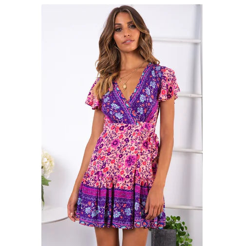 New Spring Summer Bohemian Print V-Neck Dress