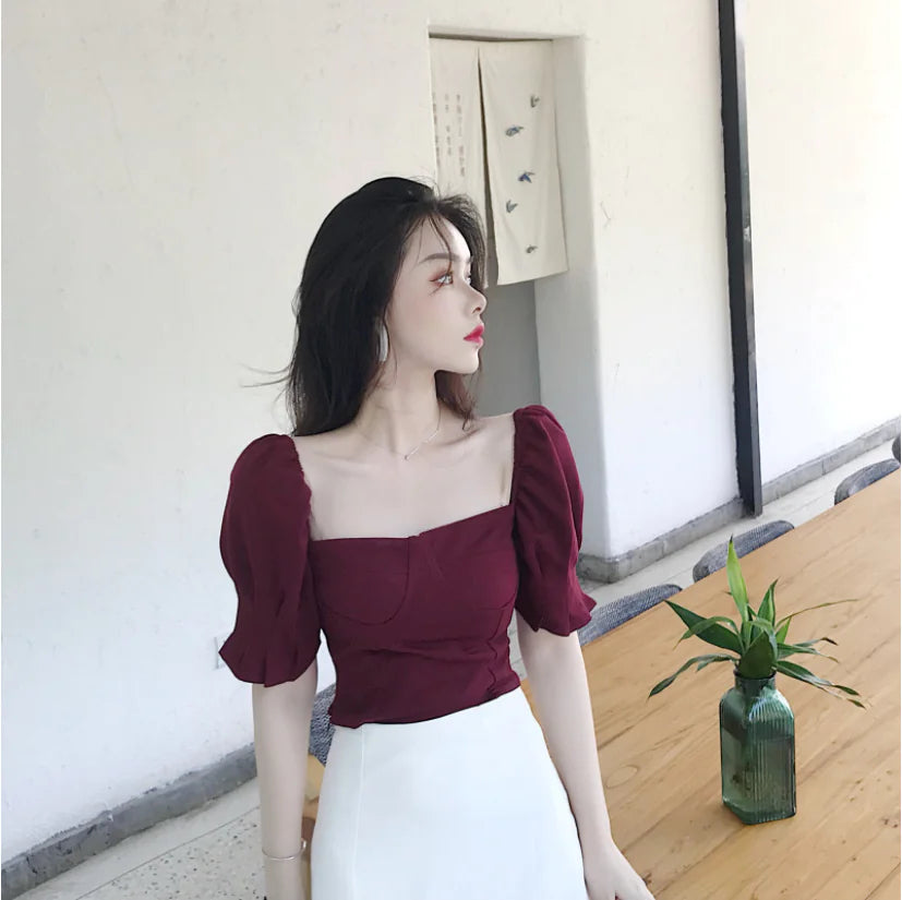 High-Waisted A-Line Skirt with Side Slit and Burgundy Top