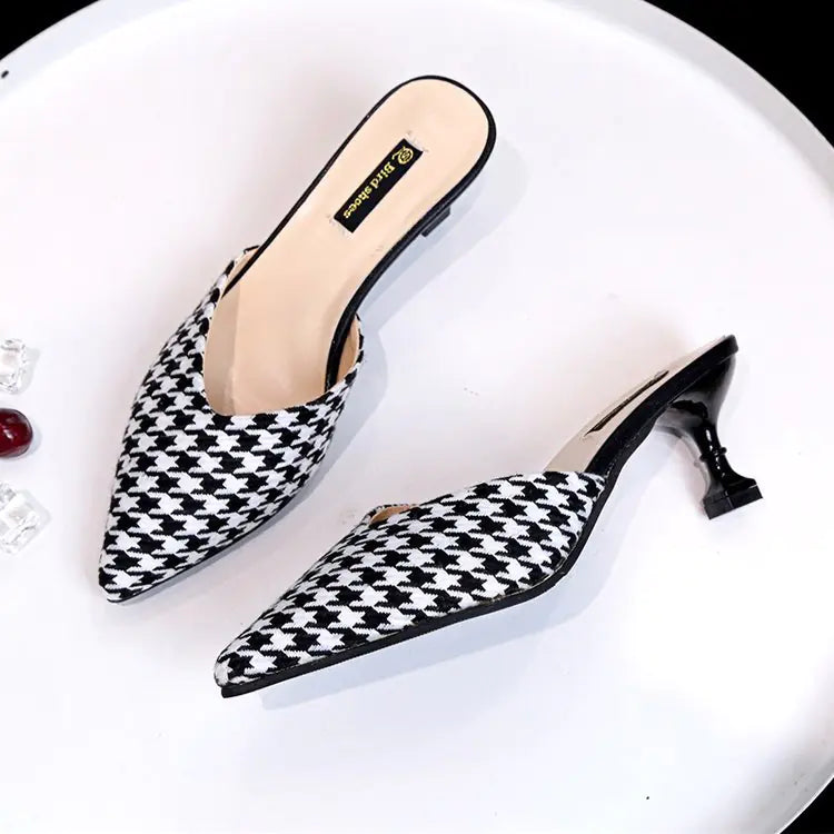 Chic Houndstooth Pointed Toe High Heel Mules for Women