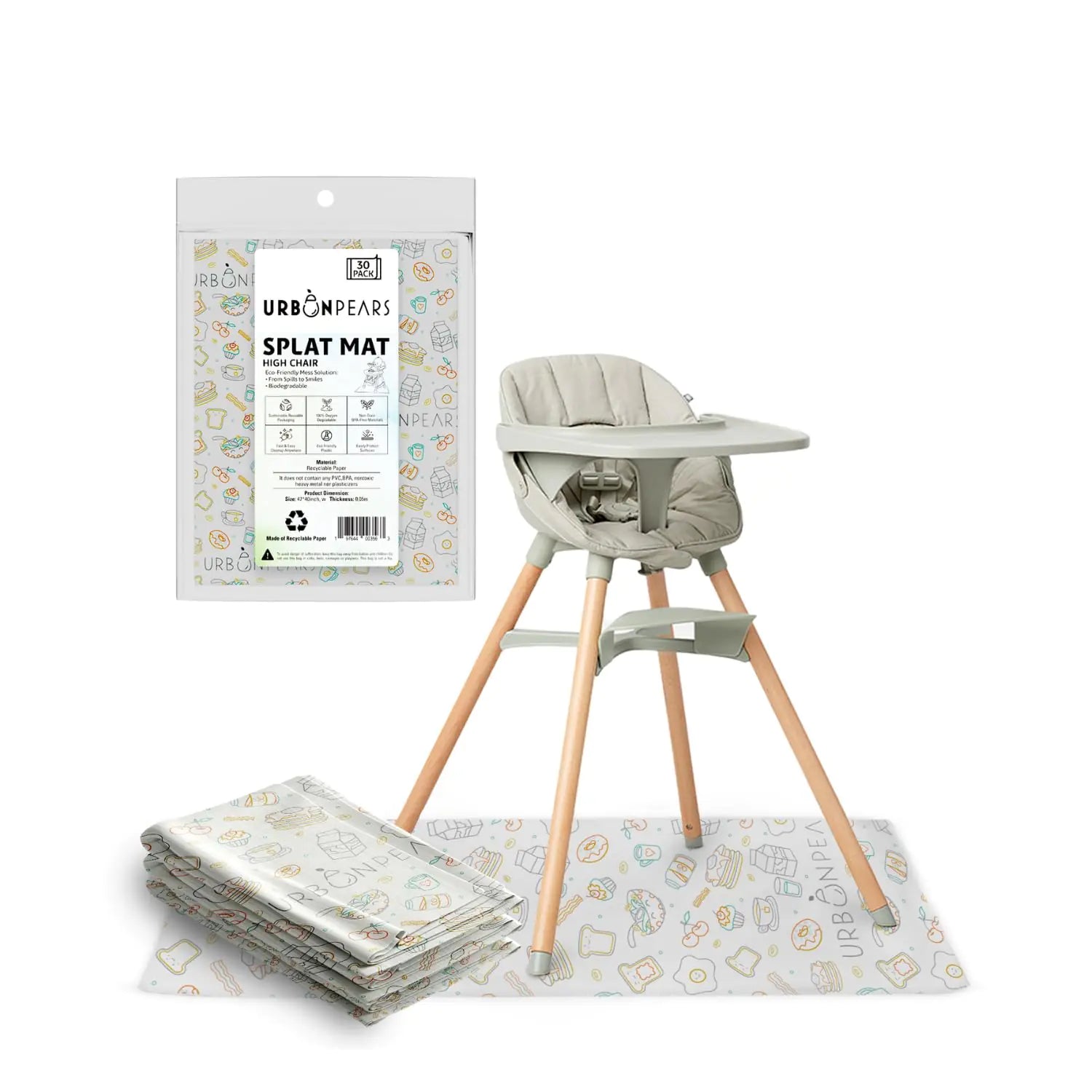 Disposable Splat Mats 30pcs Eco-Friendly & Compostable Baby Led Weaning Supplies Disposable Under Highchair Splat Mat for Floor by Urban Pears 47 L x 40 W