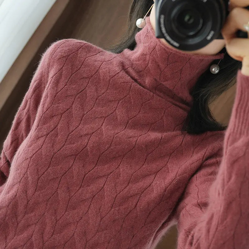 Chunky Neck Cable Knit Sweater for Women, Long Sleeve