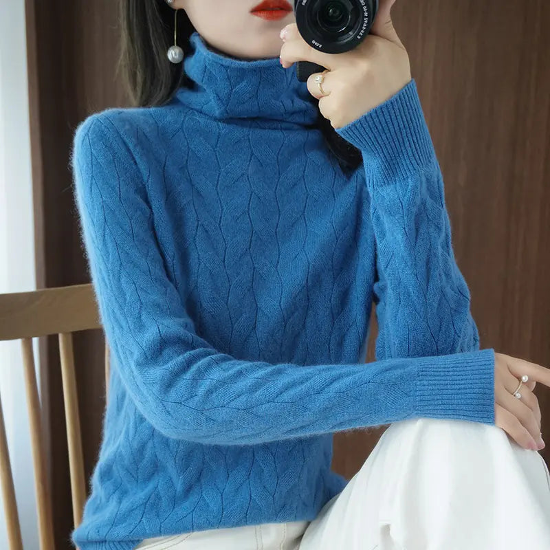 Chunky Neck Cable Knit Sweater for Women, Long Sleeve