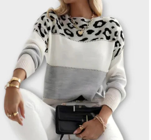 Leopard Pattern Color Block Round Neck Casual Sweater