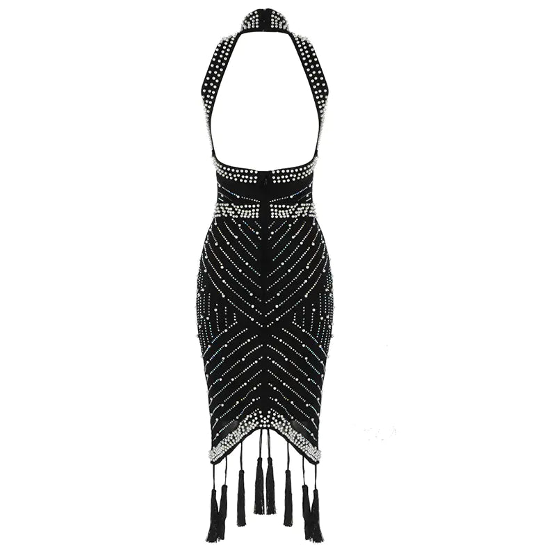 High Neck Sleeveless Bodycon Dress with Sequins and Fringe