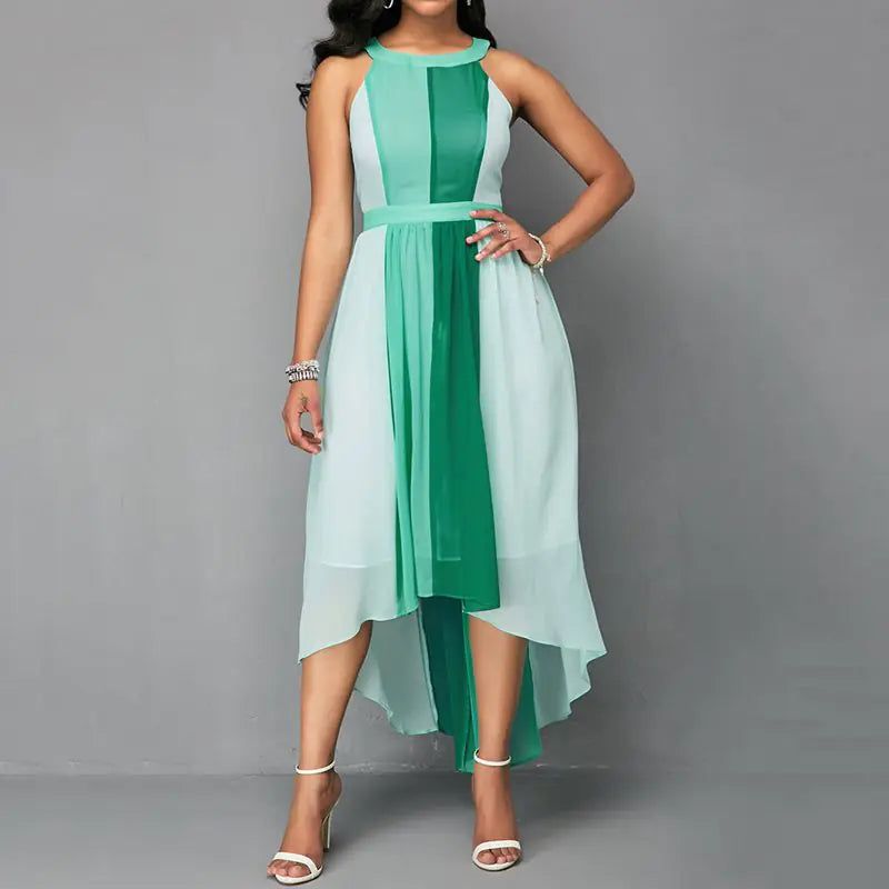 Color Block High-Low Dress with Neck Strap