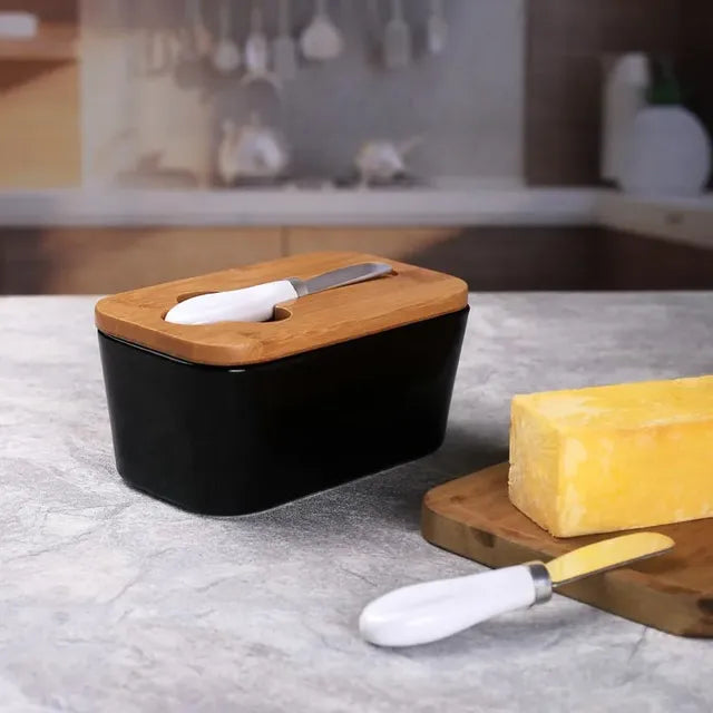 Ceramic Butter Dish with Bamboo Cover and Knife