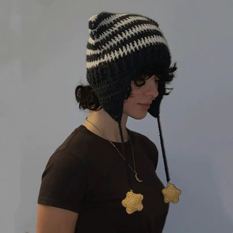 Hand Knitted Striped Woolen Beanie Cap
