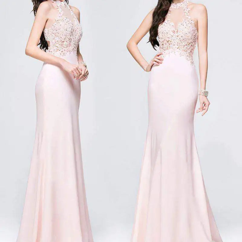 Pink V-Neck Lace Evening Dress