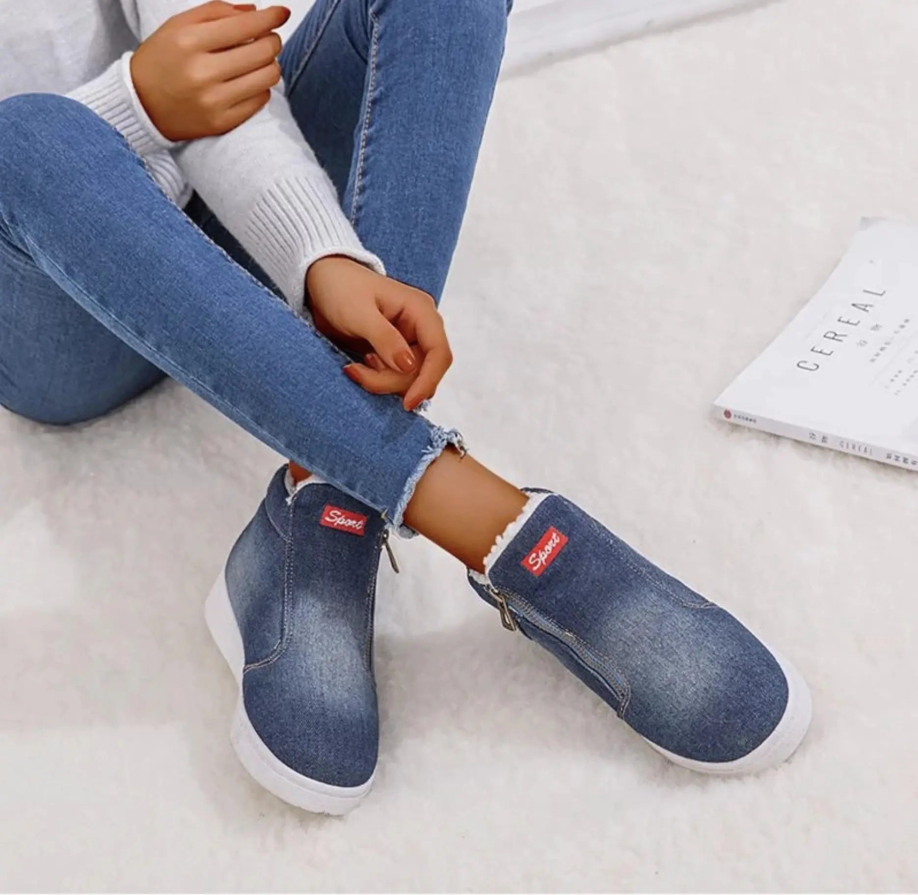 Winter Denim Snow Boots, Korean Cotton Flat Shoes